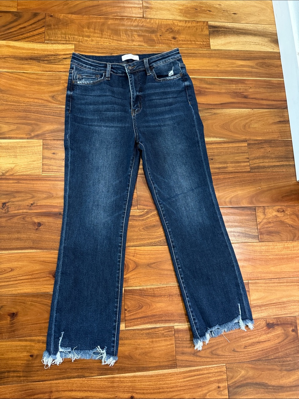 Women's Dark Blue Frayed Ankle Jeans - Stretch Cropped Fit
